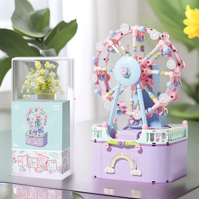 

Small particle merry-go-round, assembling blocks, educational toys, creative music box ornaments, girls' gifts wholesale