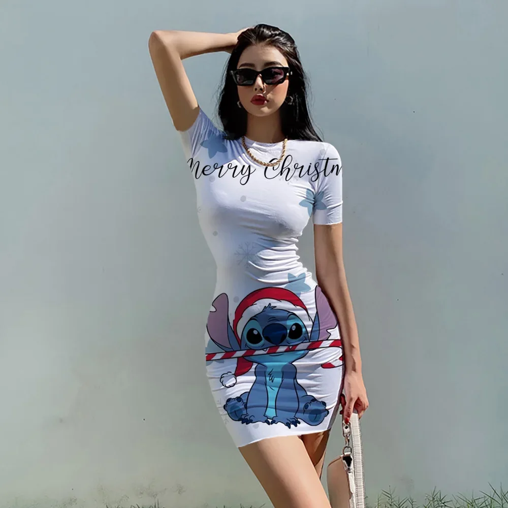 

2023 Christmas Disney Stitch cartoon print sexy tight fitting dress summer fashion bag hip beach party High street dresses