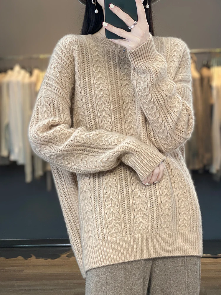 Women Hollow Out Sweater O-neck Pullover 100% Merino Wool Knitwear Loose Twist Flower Batwing Sleeve Chic Cashmere Spring Autumn