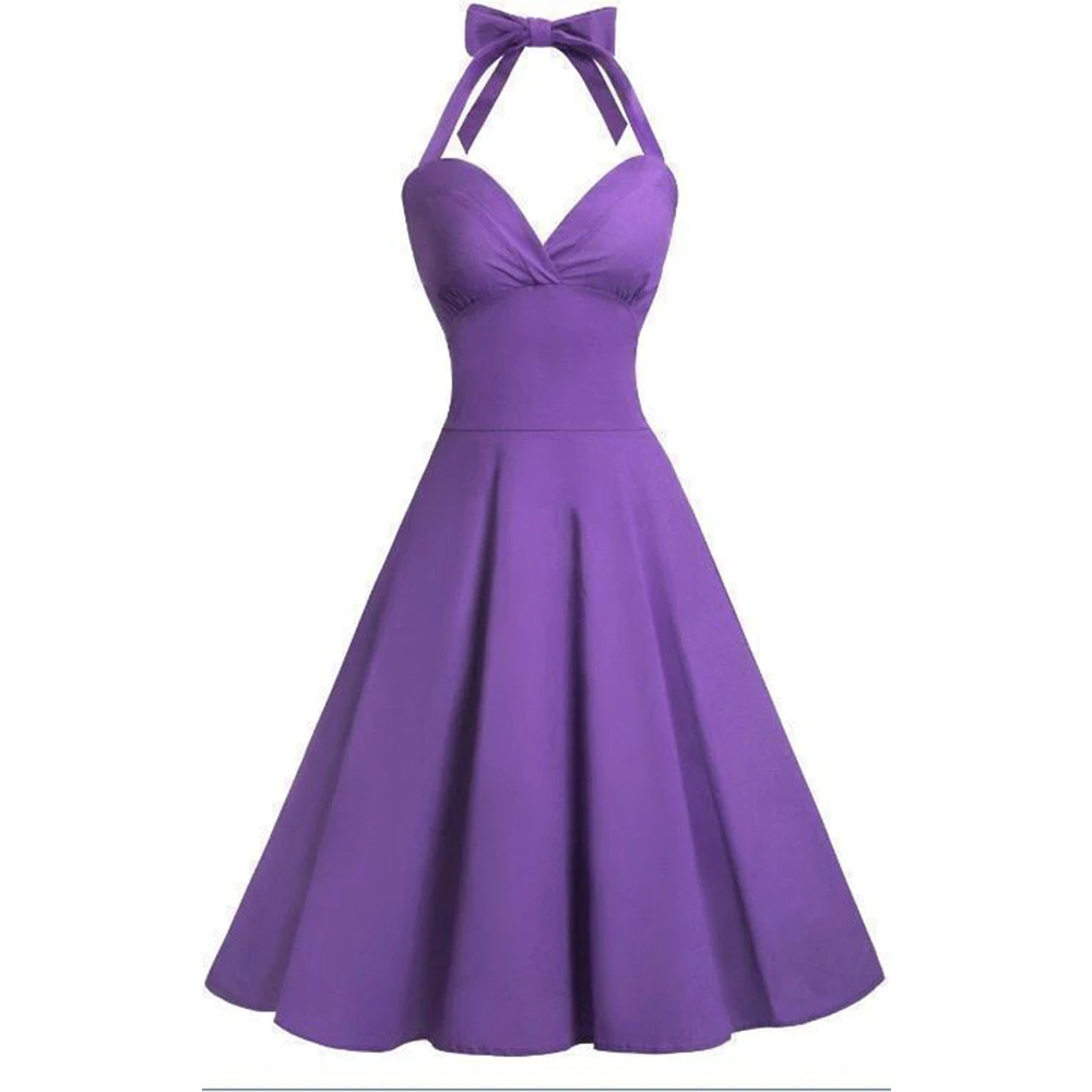 BABYONLINE 50s Audrey Hepburn Halter Vestido para Mulheres Vintage Tie Button Swing Vestidos Pinup Rockabilly Cocktail Party Dress