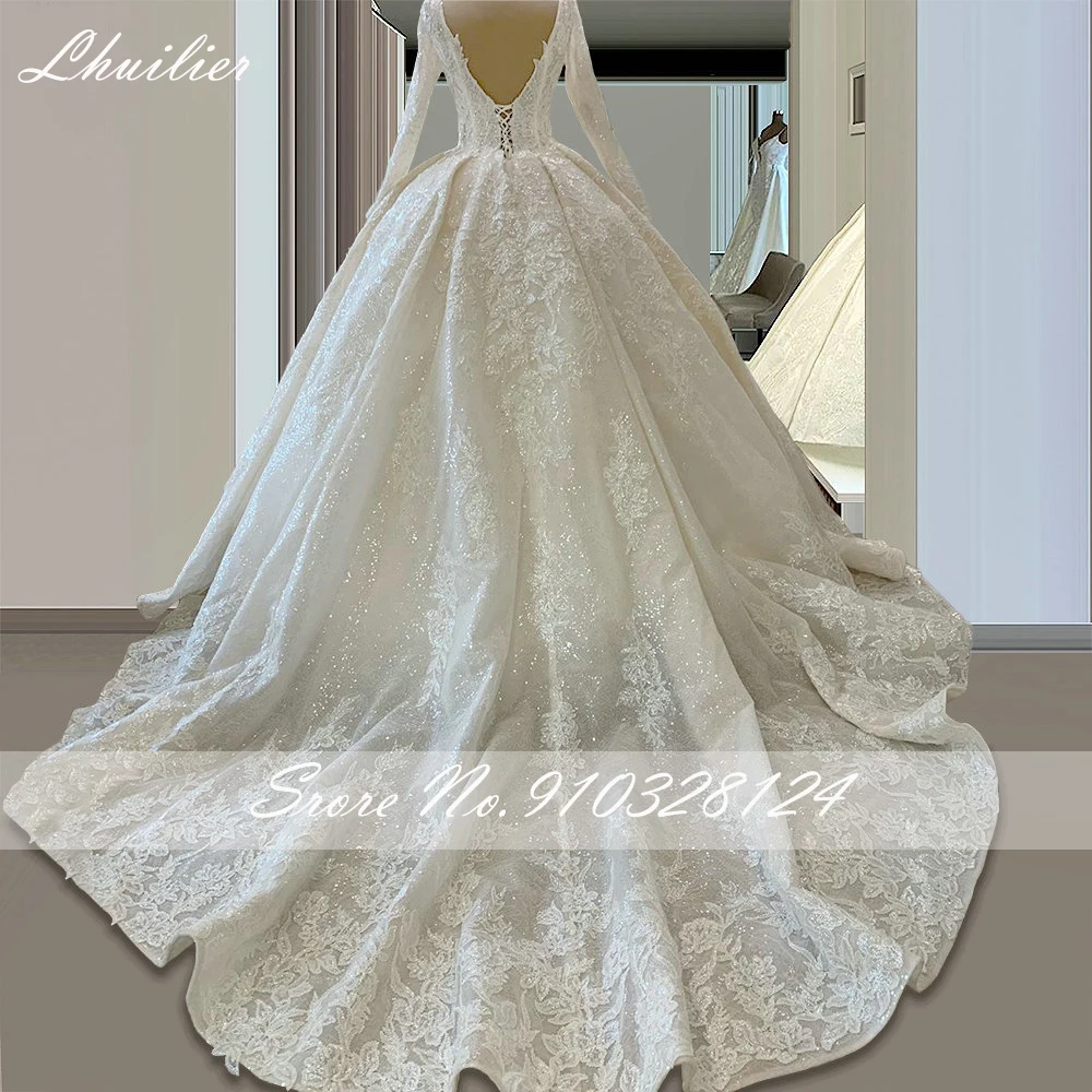 Lhuilier-vestido de novia elegante con cuello en V, traje de encaje de línea A, mangas completas, tul brillante, espalda en V, con tren de corte