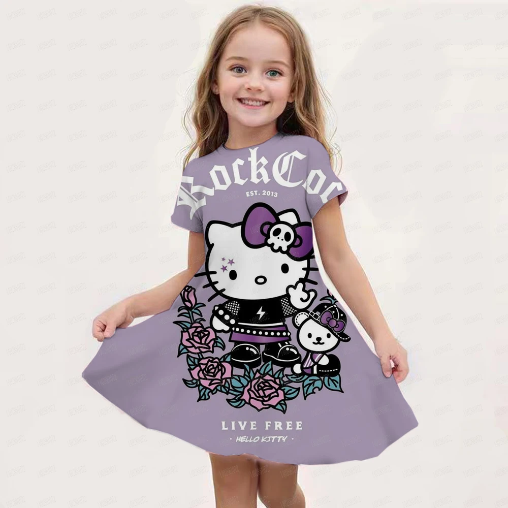 MINISO New Summer Girls Dress Hello Kitty 3D Printed Fashionable Cartoon Cute Princess Girls Clothes Skirt Party Boys Kitty Cat