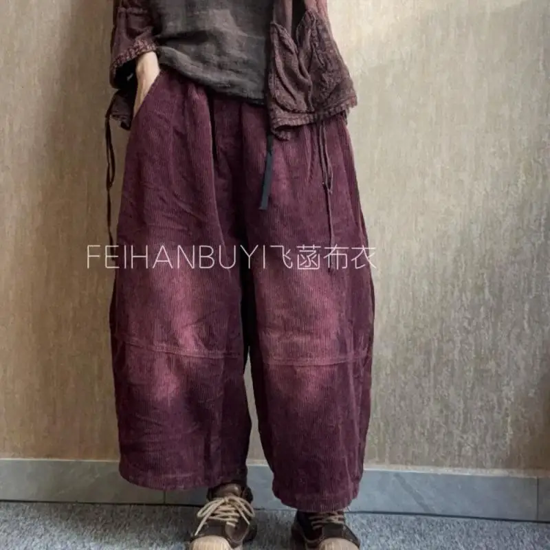 خريف جديد الفنون نمط المرأة مرونة الخصر فضفاضة عادية الكاحل طول السراويل عالية الجودة القطن سروال قصير خمر سراويلي حريمي FH99