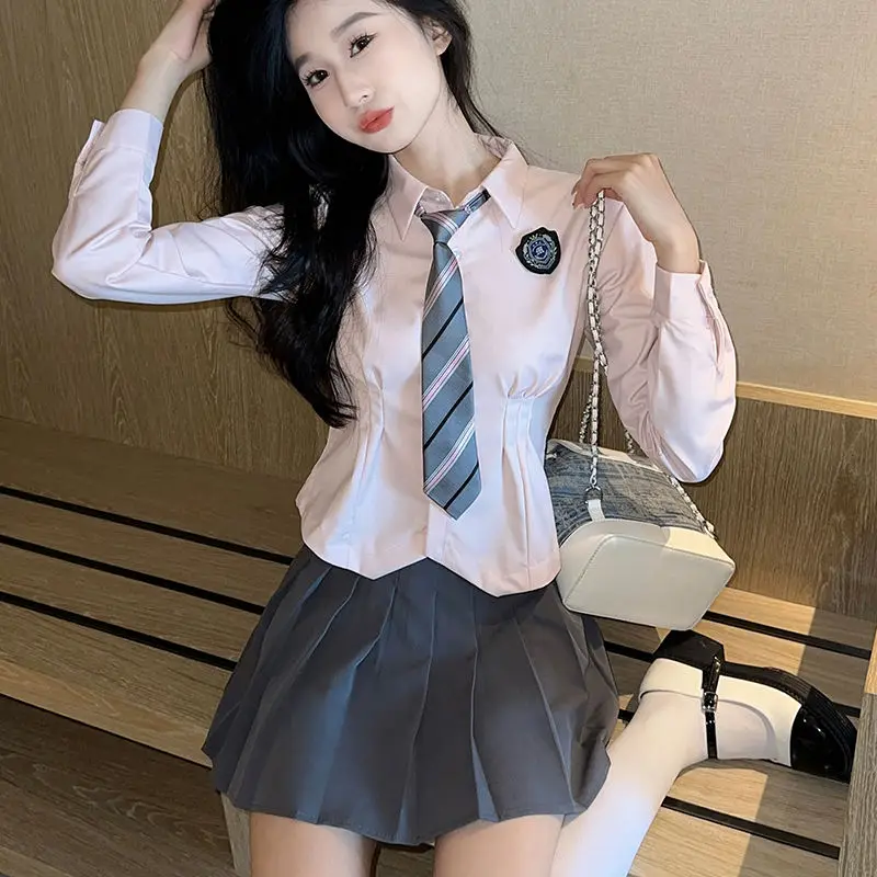 Conjunto Jk Top curto plissado manga comprida, traje escolar, uniforme de cintura rosa, camisa picante menina, estilo universitário japonês e coreano