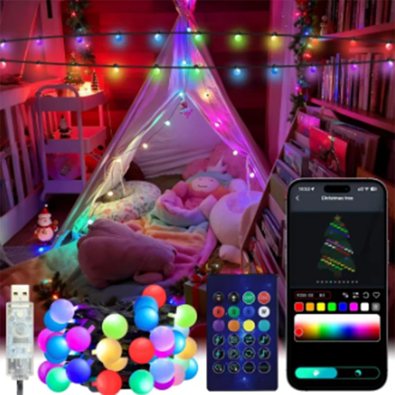 NEW 2026 5V USB Waterproof RGBIC Round Ball LED String Lights,Bluetooth APP Music Controller,Garden Camping Lighting
