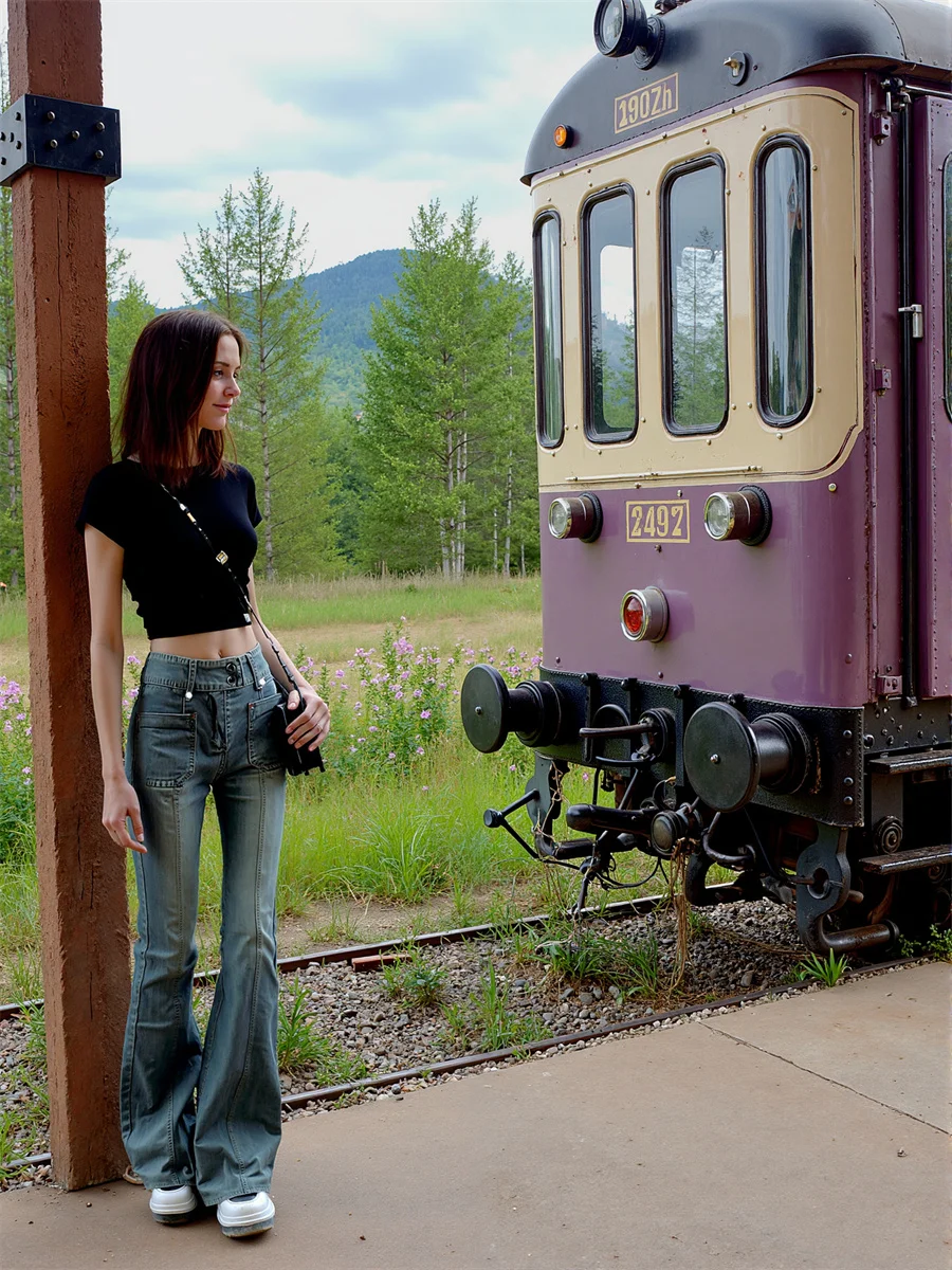 Flare Slim Skinny Floor Jeans Women Washed Frayed Hem Street Style Bandage Ruched Bootcut Pear Shaped Hip Lifting  Fit Shiny