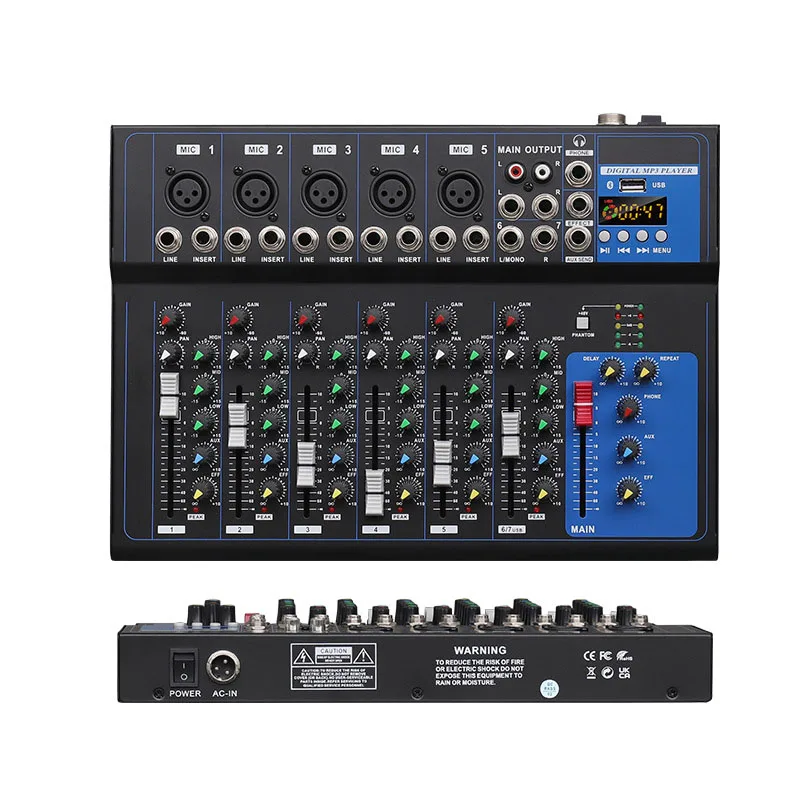 Audio Mixer 7 Channel Sound Mixing Console Bluetooth USB MP3 Player +48V Phantom Power for Live Streaming Podcast Studio Record