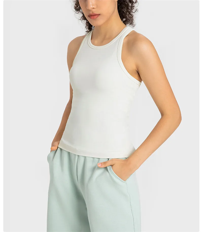 Chaleco de Yoga ajustado para mujer, camiseta sin mangas deportiva de Color sólido, cuello redondo, suave, entrenamiento integral, antibacteriano