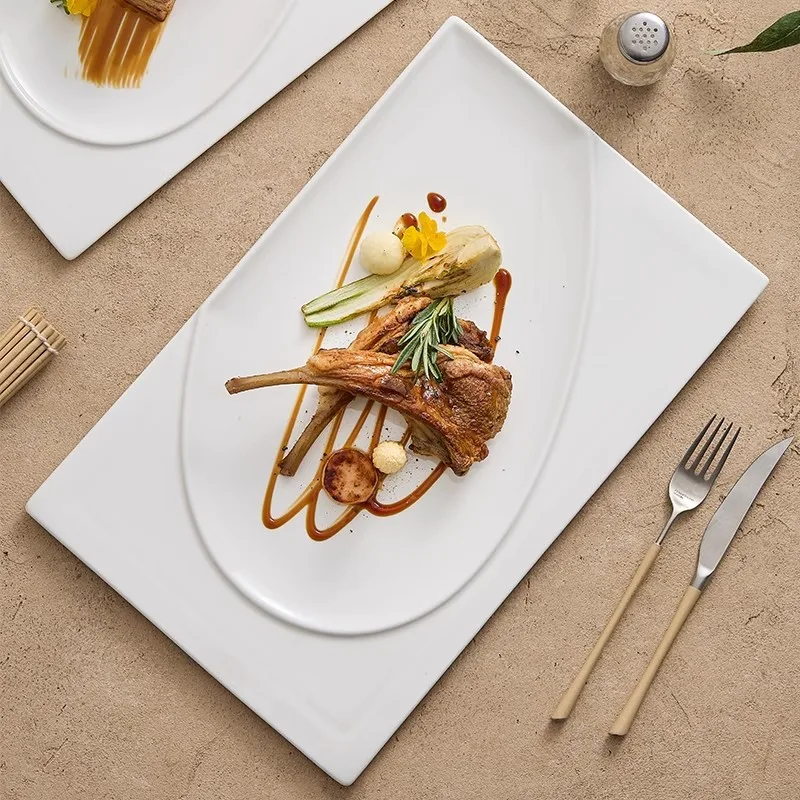 White Square Plate Ceramic Steak Plate Dessert Snack Dish Salad Dish Fruit Plate Creative Texture Artistic Conception Tableware