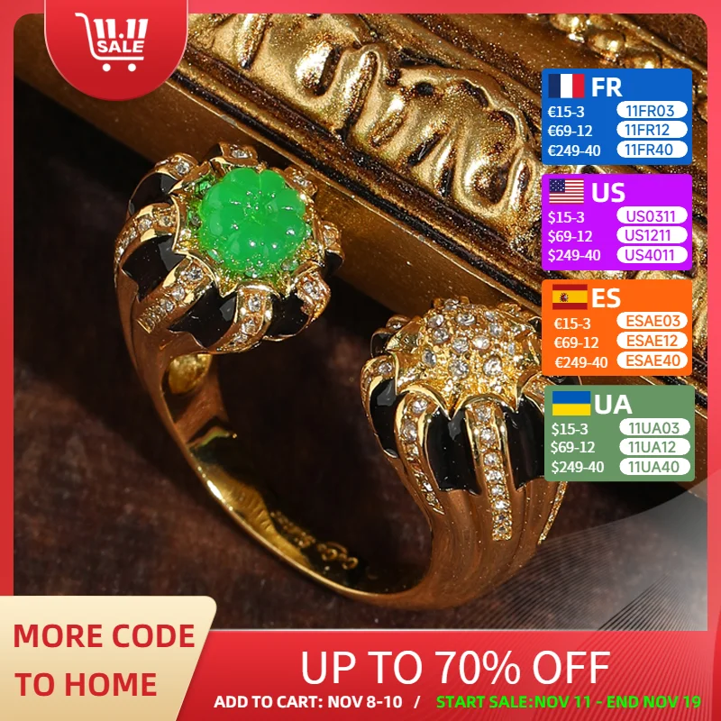 

Vintage Green Glaze Pumpkin Rings Ball Elegant Women Gold Color Rhinestone Unique Luxury Jewelry Designer Gifts Halloween New