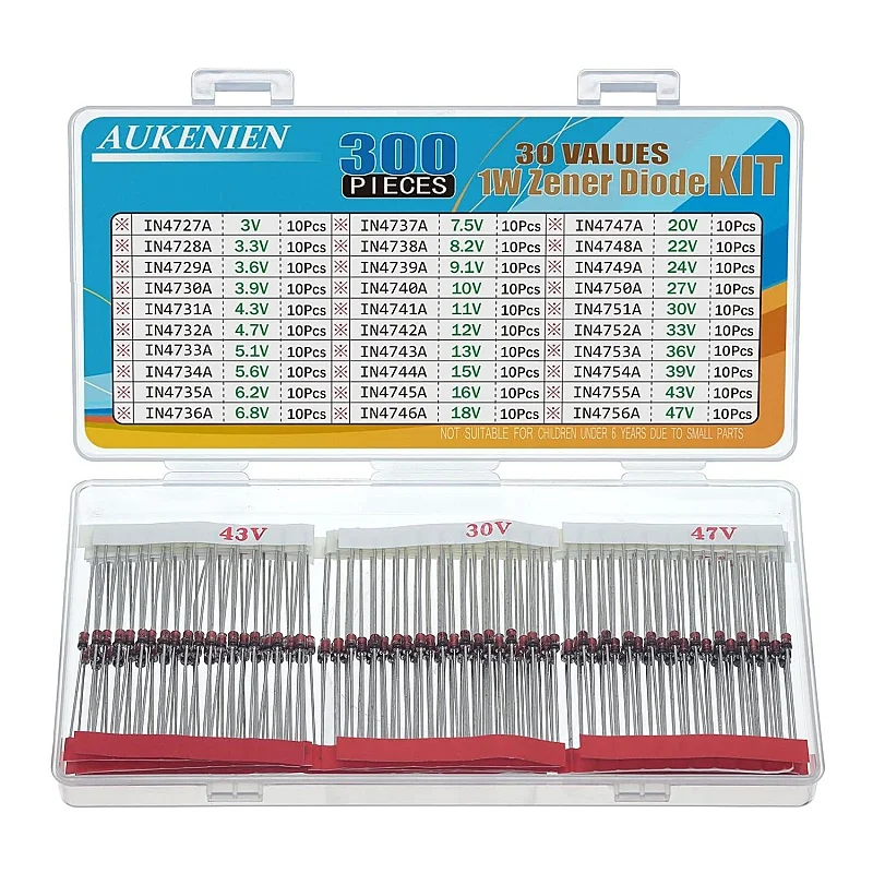 AUKENIEN 1W Zener Diode Z Diodes Assortment Set 30 Value Zener Diode Kit 3V TO 3.9V 4.3V TO 9.1V 10V TO 39V