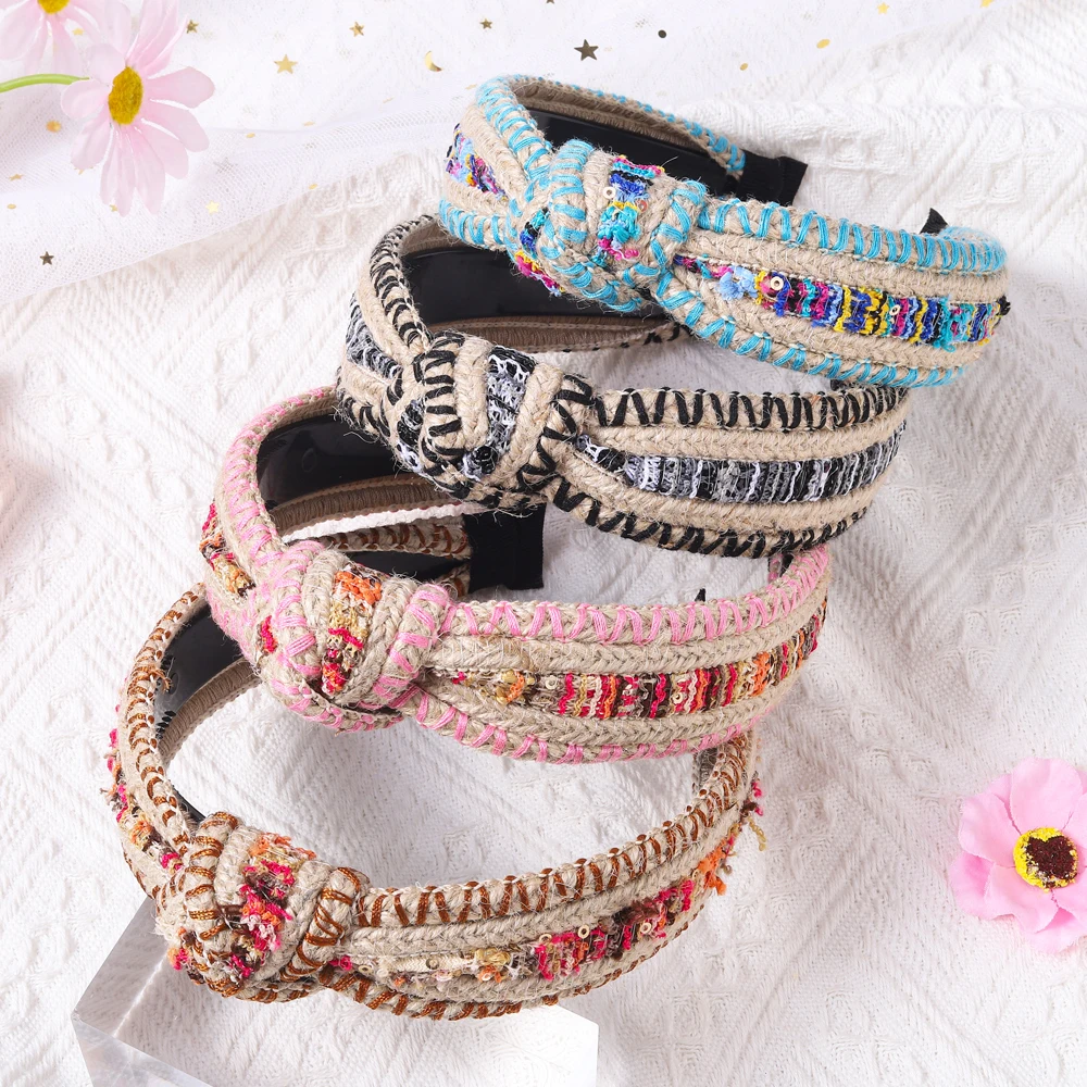 2024 New 4cm Twisted Rope Knitting Bohemia Hairband Women Sequined Top Quality Classic Wave Hair Band Adult Hair Accessories