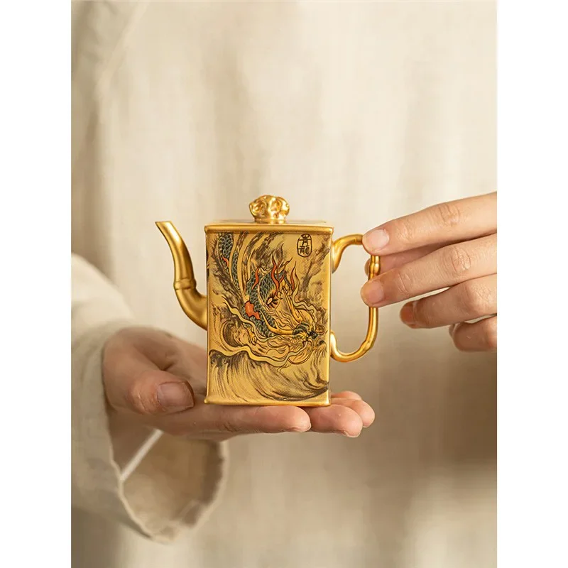 Gold Color Gift Gilt Four Divine Beasts Teapot Retro Chinese Style Household Teapot Kung Fu Tea Set High-end Tea Maker Gift Box