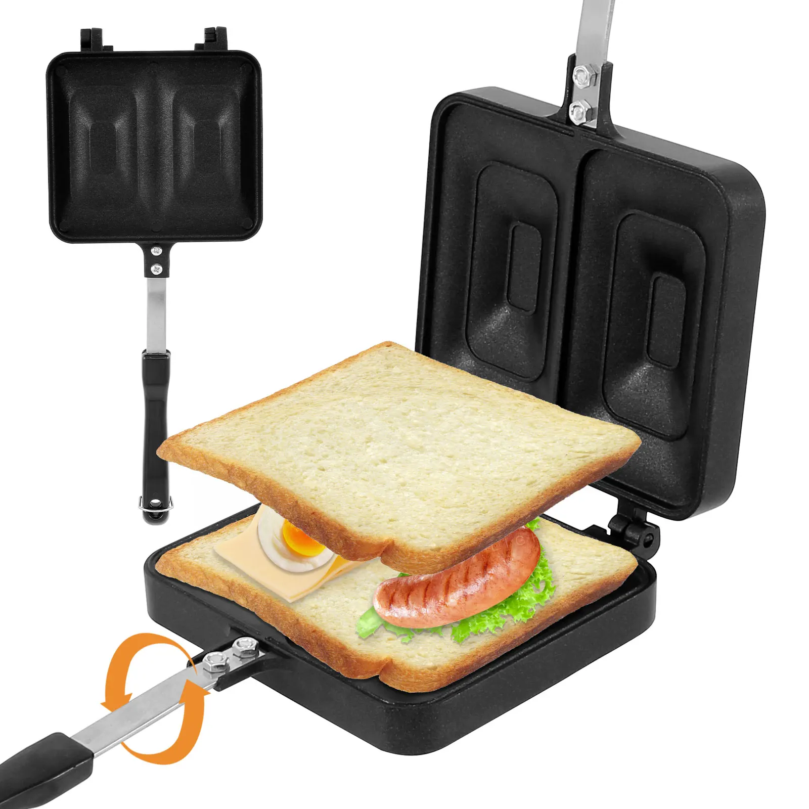 

Press Sandwich Maker Double Sided Sandwich Grill Pan 2 Compartment Sandwich Pan Heavy-Duty Aluminum Alloy Grilled Cheese Maker