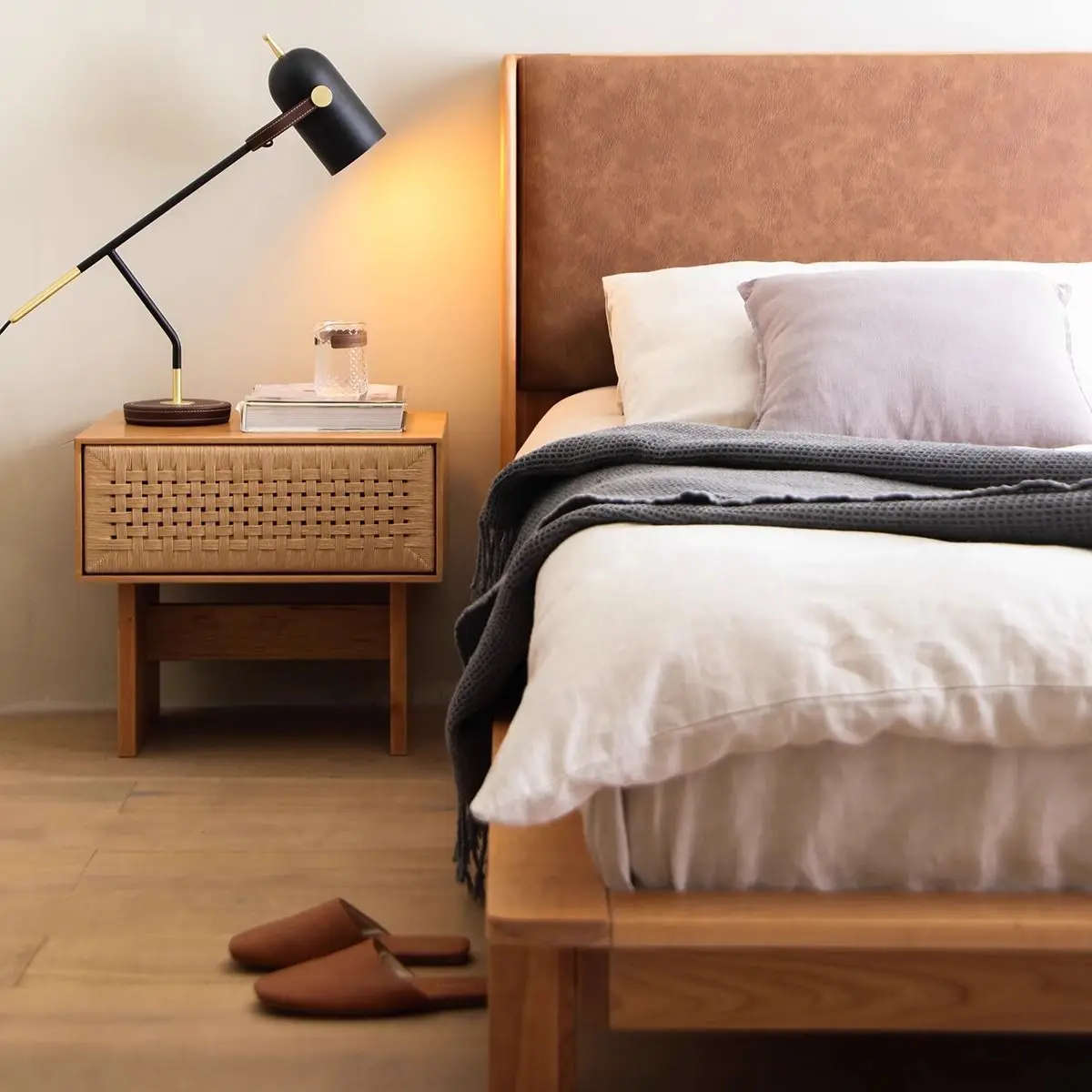 Wabi-sabi Style Solid Wood Rattan Bedside Table Small Cabinet Retro Style Bedroom Simple Storage Cabinet Storage Cabinet