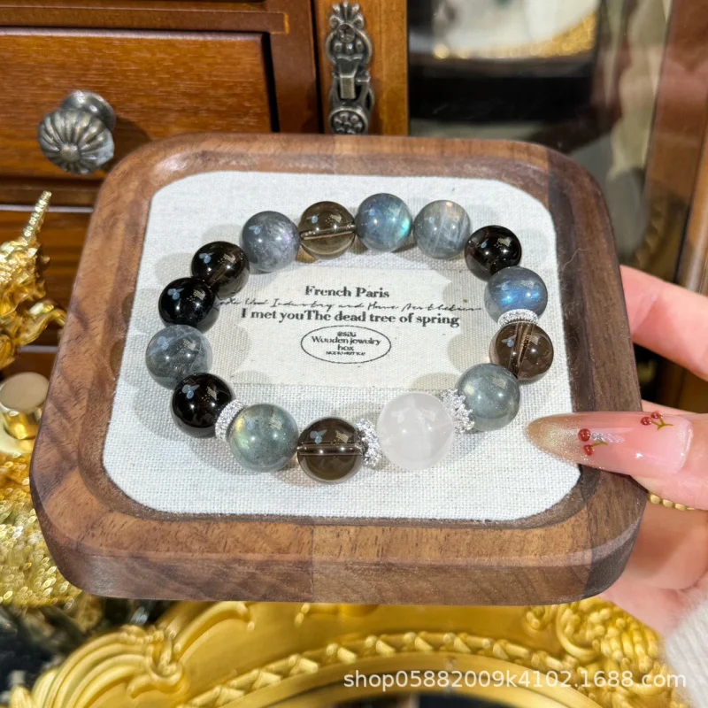 

Designer Gray Moonstone High-End Smoky Quartz Obsidian Bracelet Natural White Jewelry