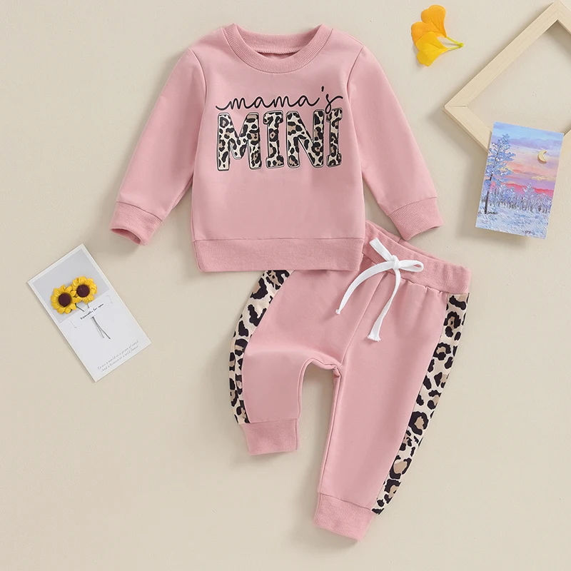 2 Pcs Toddler Baby Girl Spring Fall Clothes Letter/ Leopard Print Long Sleeve Pullover Tops Pocket Pants Casual Outfit