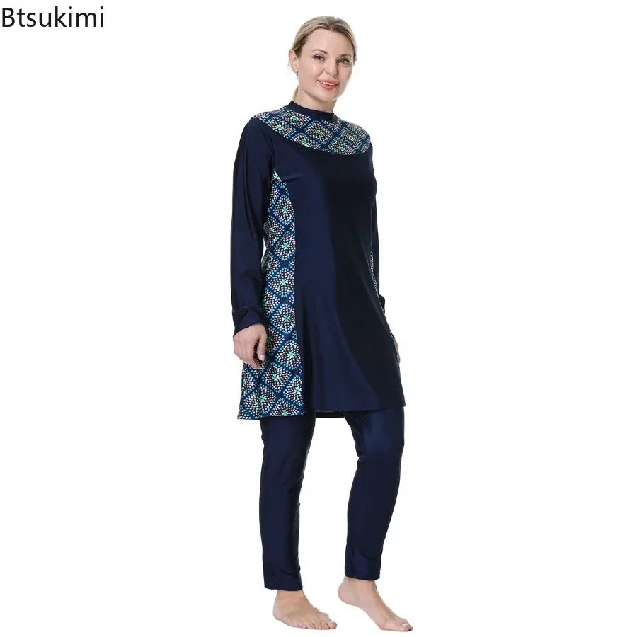 New 2024 Women\'s Muslim Swimwear Islam Modest Swimsuit Bikini Beachwear With Hijab Burkinis Femmes Swiming Suit With Long Sleeve