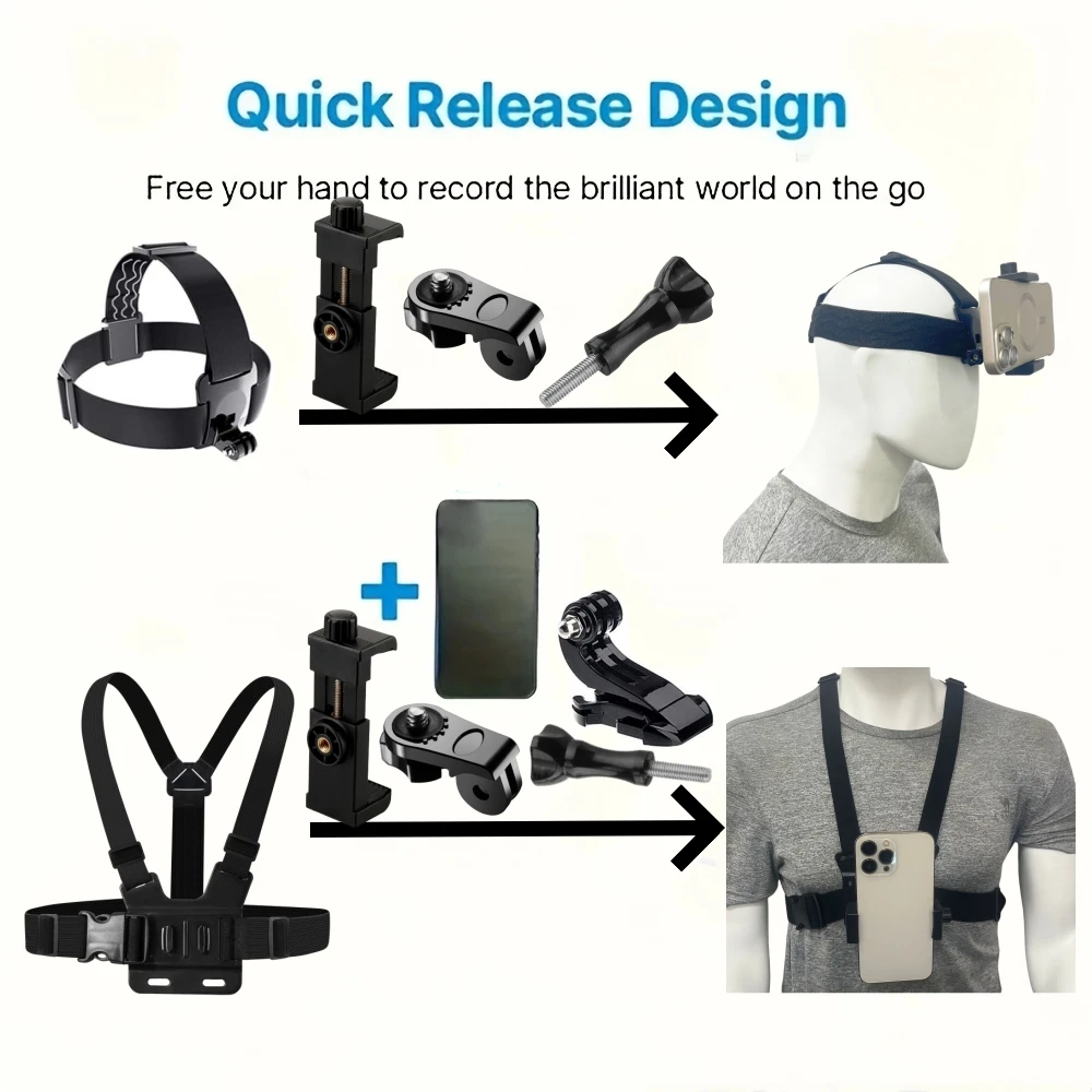 All-in-One 6pcs Action Camera Kit Head Strap Chest Strap Mount Adjustable for GoPro Phone Osmo Enhanced Stability Versatility