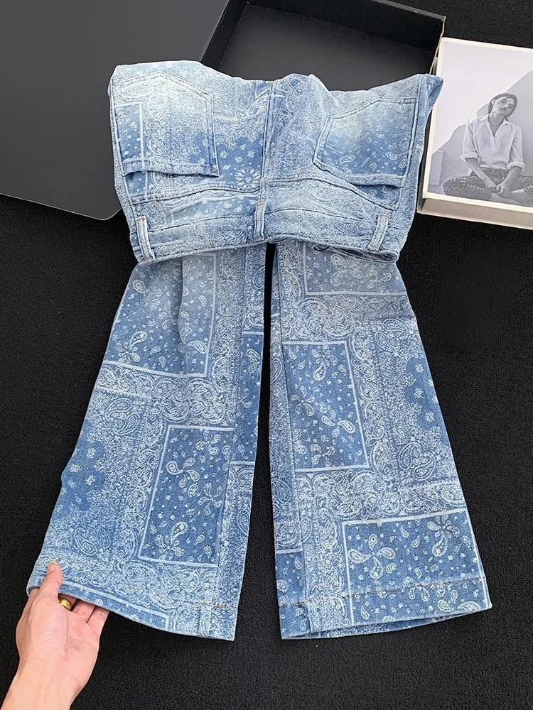 Vintage Women Versatile High Waist Blue Printed Wide Leg Denim Pants Office Casual Ladies High Street Loose Fit Straight Jeans