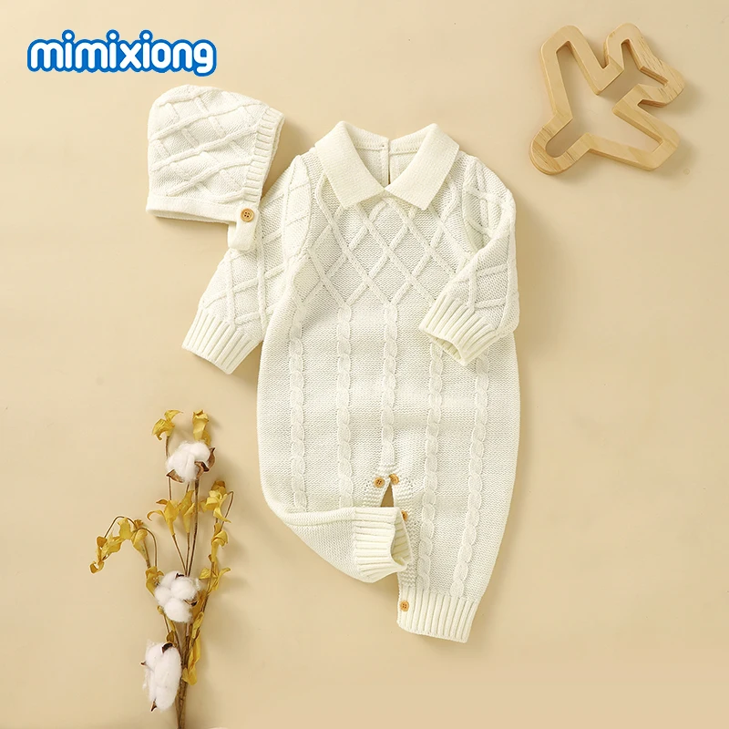 

White Baby Girl Rompers Clothes Winter Long Sleeve Knitted Newborn Infant Boy Jumpsuits Hats Outfits Sets 0-18m Toddler Playsuit