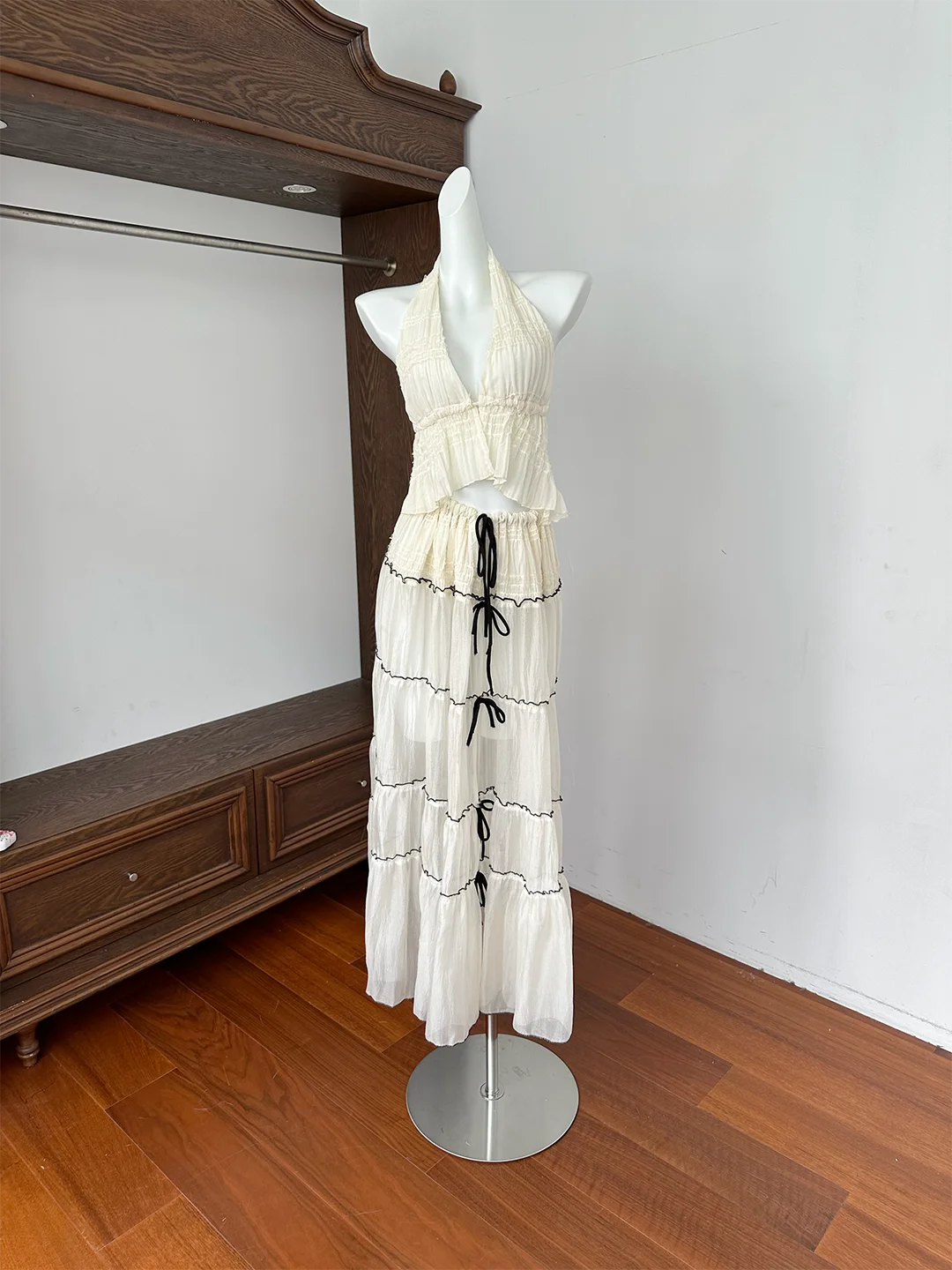 

Beach Heavy Du Hanging Ne Top Low Waist Long Skirt Set V-Ne ort Sve Women's Faion Spring Polyester Two-Piece Suit