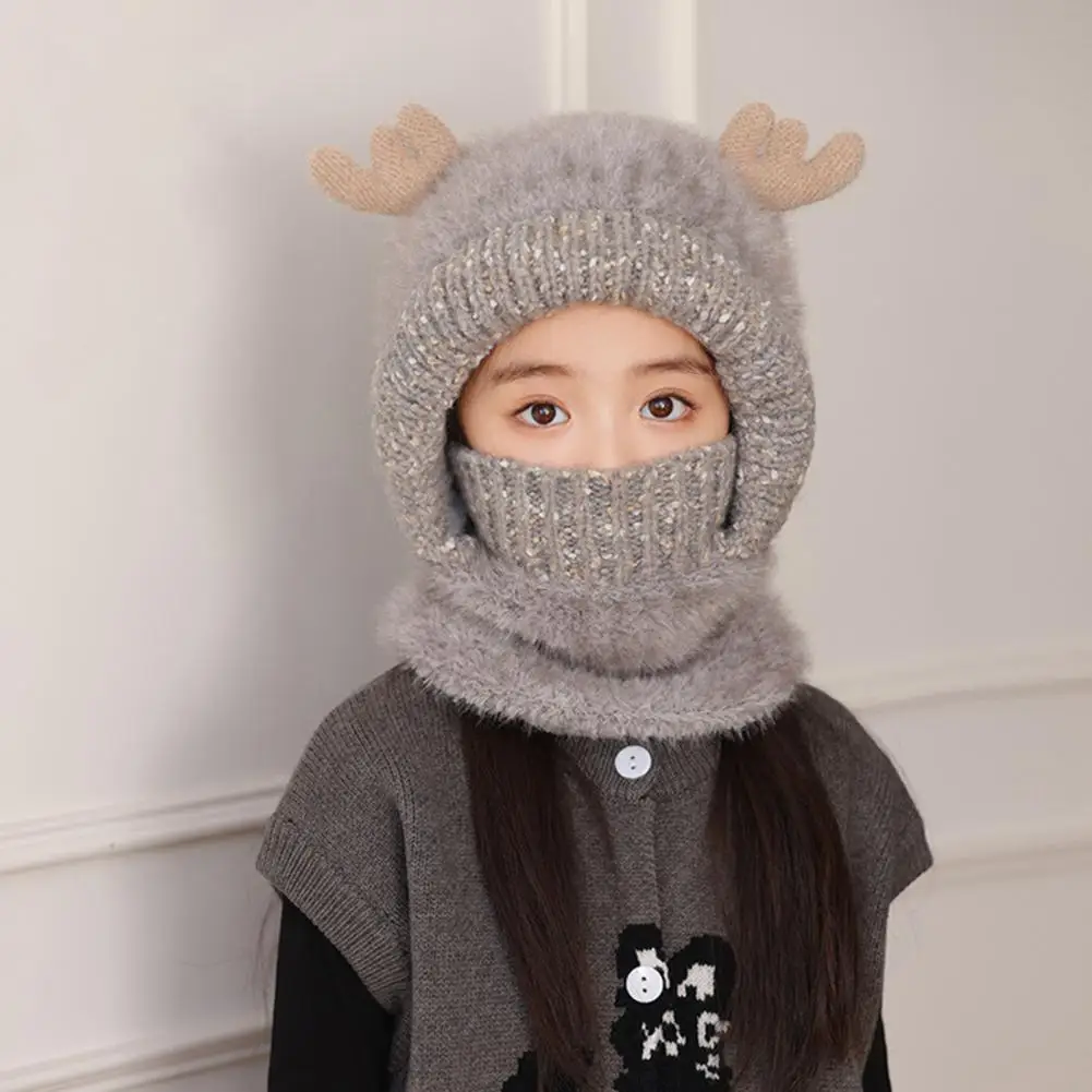 Outdoor Winter Headgear Kids Hooded Scarf with Deer Ear Design Adjustable Full Face Guard Neck Warmer Winter for Weather