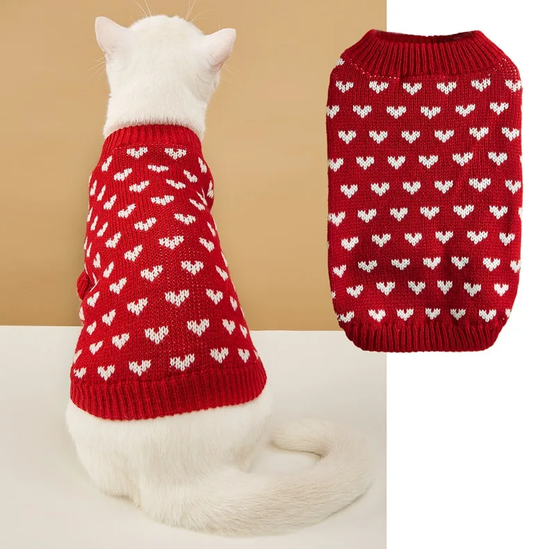 Pet Dog Clothes Cute Heart Knit Sweater Round Neck SlimFit Puppy Jumper Doggie Dress ForSmall Medium Large Dogs Cats Wholesale