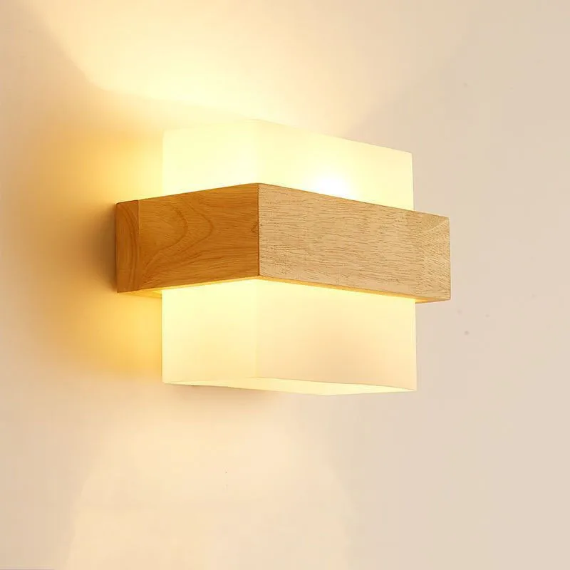 LED Wooden Wall Light E27 Glass Lampshade Modern Mirror Washer Sconces Wall Light Fixtures Dressing Table Living Room Decor