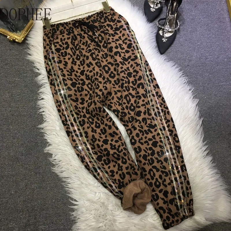 Thicken Velvet Autumn Winter Women Sweatpants Elastic Waist All-match Leopard Harem Pants Streetwear Casual Long Trousers Spring