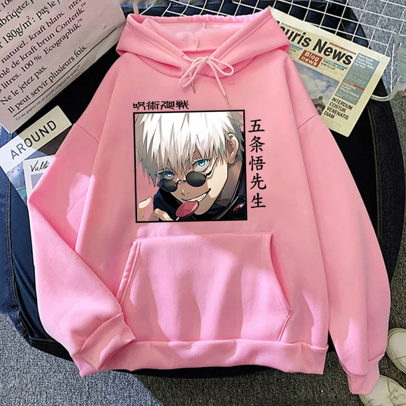 Autumn Winter Casual Anime Gojo Satoru Print Hoodies Solid Color Long Sleeve Hooded Pullovers Sweatshirts Plus Size