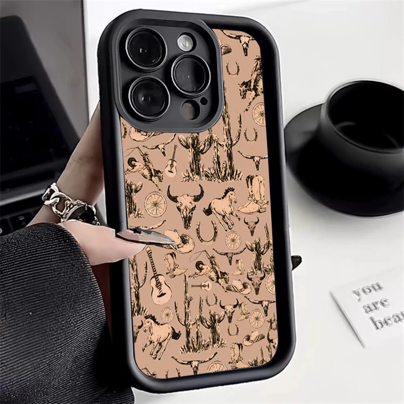 Western Graffiti Brown Silicone Soft Case For iPhone 13 14 Pro Max 11 12 15 16 Plus SE2022 7 8 X XS XR Shockproof Candy Cover