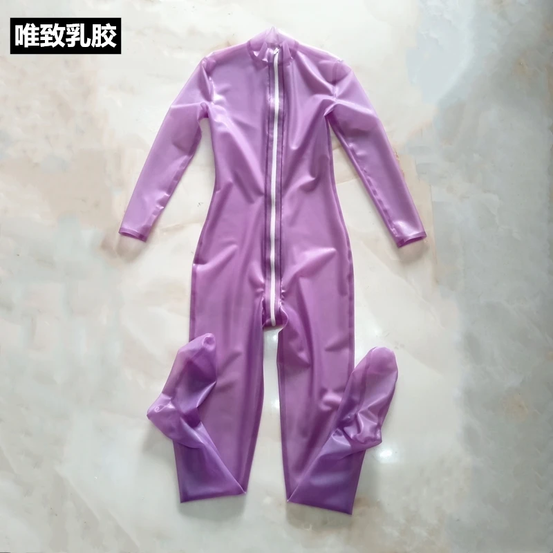 

Latex catsuit pure natural latex men's and women's transparent light purple latex jumpsuit with tight fitting customization