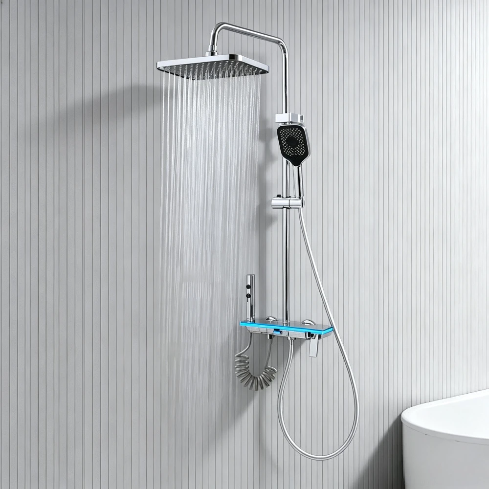 4-way Rainlfall Showers System Smart Digital Bathroom Shower Faucet Set Temperature Display Shower Crane with Hand Shower Set