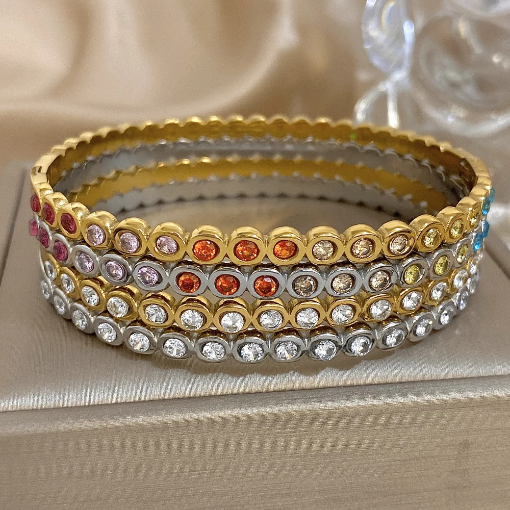 Neue Edelstahl Bunte Strass Manschette Armreif Armbänder Für Frauen Männer Chic Gestapelt Wasserdicht Paar Charme Schmuck
