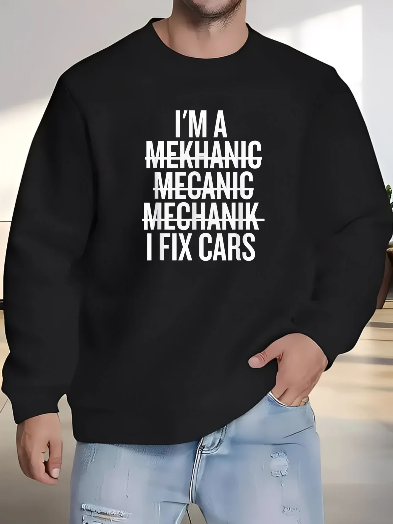 بلوفر رجالي "I'm a Mechanic، I Fix Cars" فكاهي، أسود، 100% - كاجوال برقبة دائرية، سترة مع طباعة نصية بيضاء جريئة -