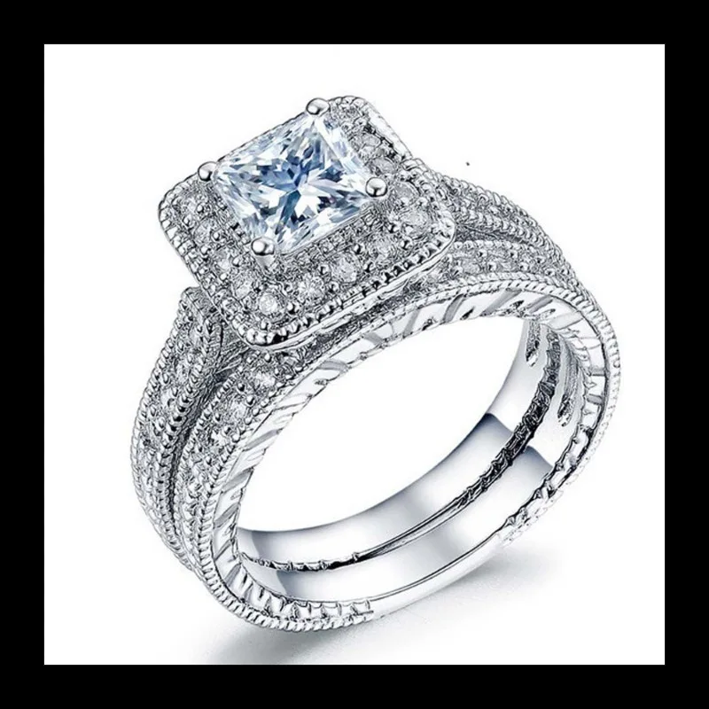 

Посеребренный бриллиантовый комплект Модное роскошное кольцо с квадратным бриллиантом для пары, цельное, цельная смешанная партия