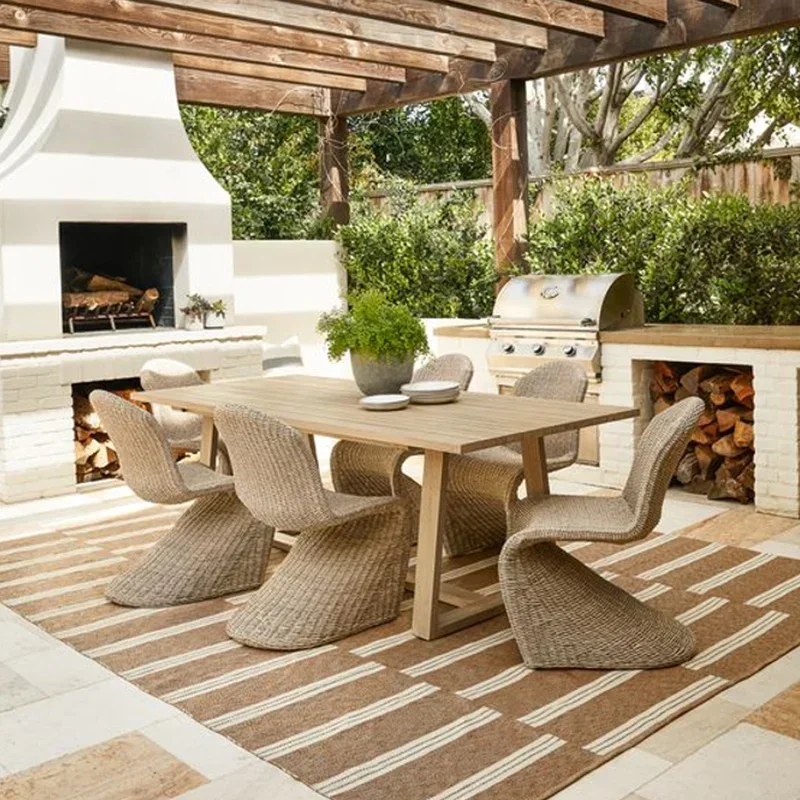 

A Leisure PE Rattan Dining Table and Chair Outdoor Patio Terrace Garden Guest House Lounge Area Balcony Teak Wood Table