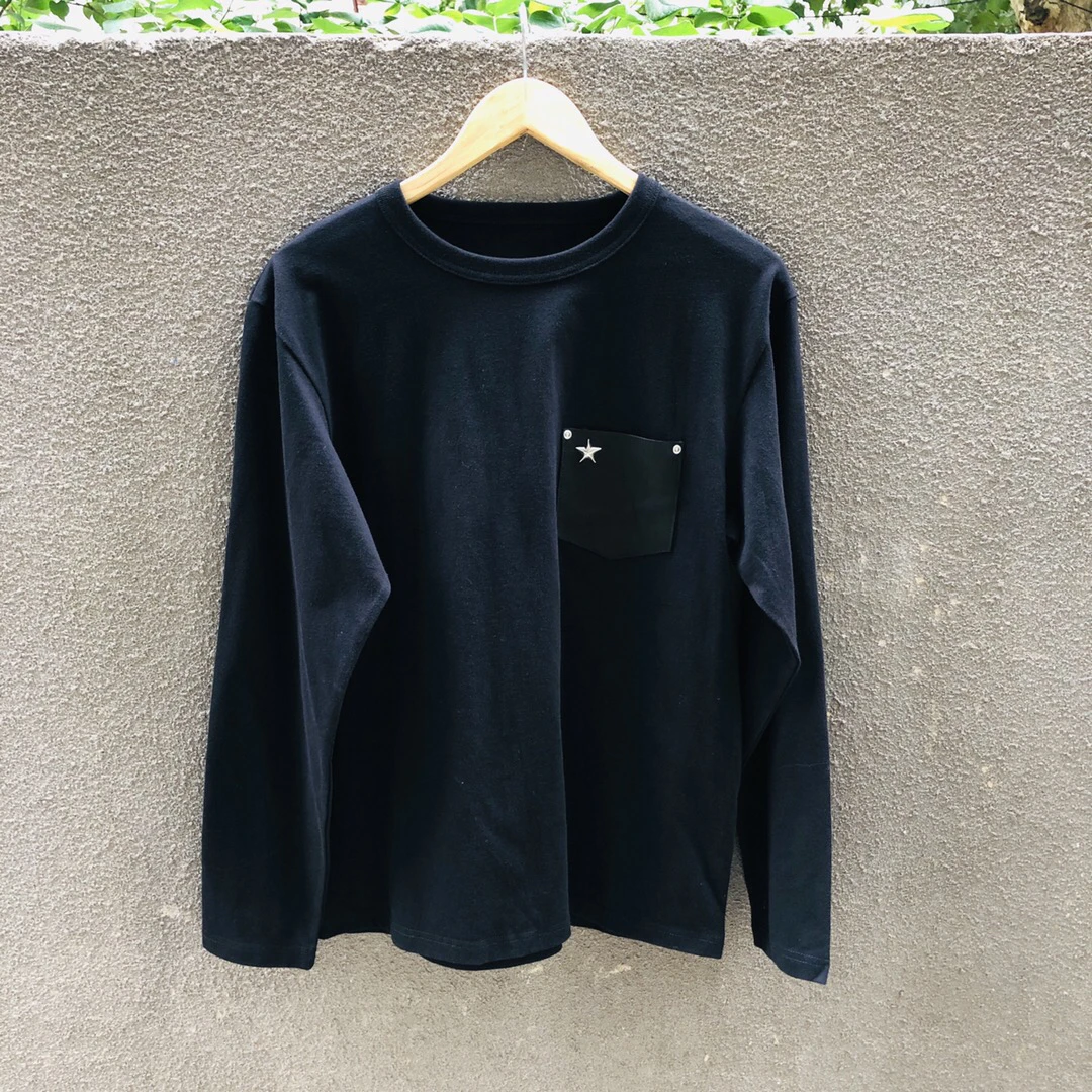 

Long Sve round Ne T-irt Pure Color Cotton Leather Insert Five Stars Base Sle Spring Autumn Faion Urban Outdoor Act...