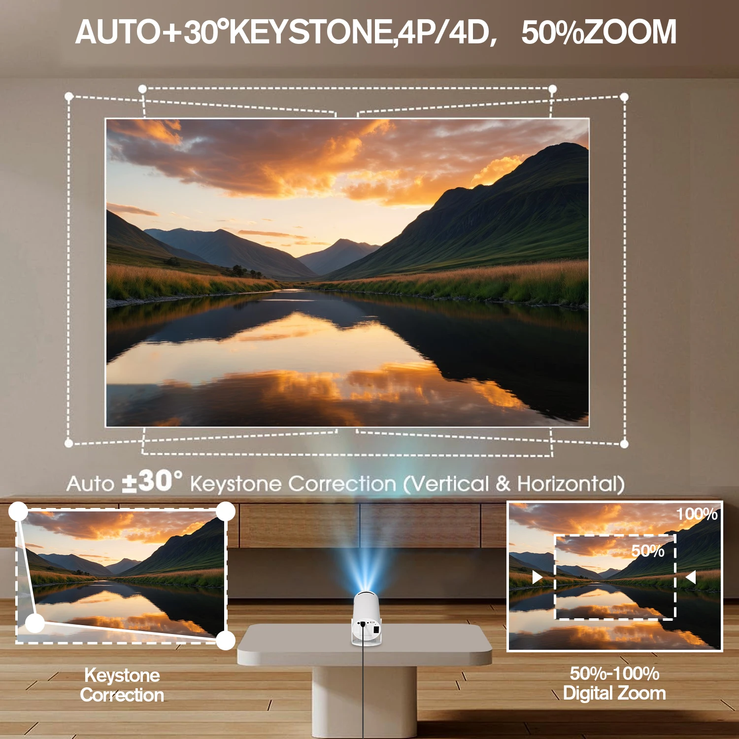 4K projector, HD projector, equipped with WiFi/Android system/wireless, 180 degree rotation, compatible with multiple devices