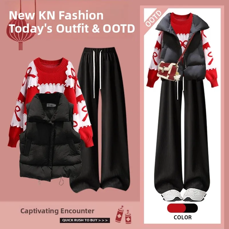 

Red New Year Knitted Sweater Vest Outerwear High Waist Casual Pants Tee Piece Set Women's Faion Ensemble Autumn Winter