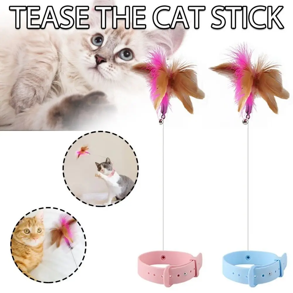 New Silicone Cat Feather Collar Toy With Bell Feather Collar Hands Free Toy Adjustable Cat Teasing Wand Toys Cat
