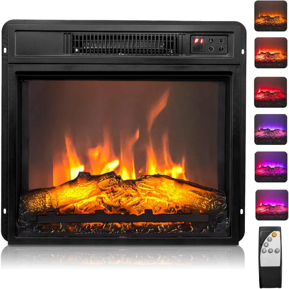 ROVSUN 18 Electric Fireplace Inserts with Remote Control, 1400W Recessed Stove Heater with 8H Timer, 6 Flame Colors, 5 Brightnes