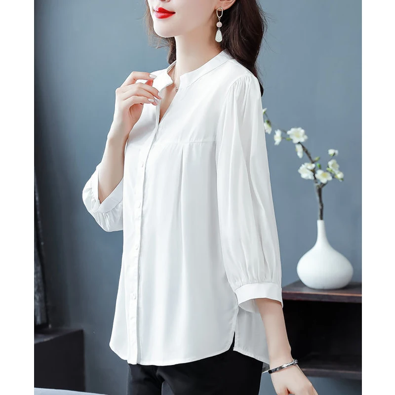 Simple Casual Loose Solid Three Quarter Sleeve Button Up Shirt 2023 Spring Summer Elegant Fashion V Neck Top Blouse Women Blusas