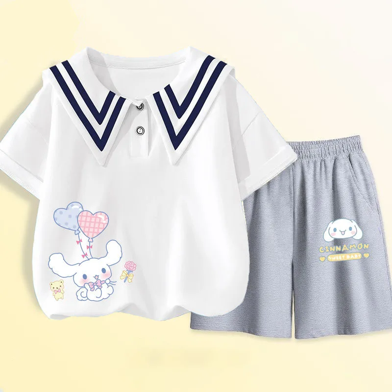 Sanrios Hello Kittys Zomer Kinder Casual Pak Kuromi Cinnamoroll Katoenen T-Shirt Navy Kraag Tops Preppy Stijl Korte Mouw Shorts