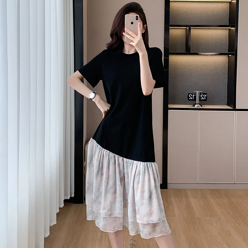 Women Cotton Long T-shirt Dresses Summer Female O Neck Short Sleeve Large Size Elegant A Line Black Mesh Patchwork Fishtail Robe