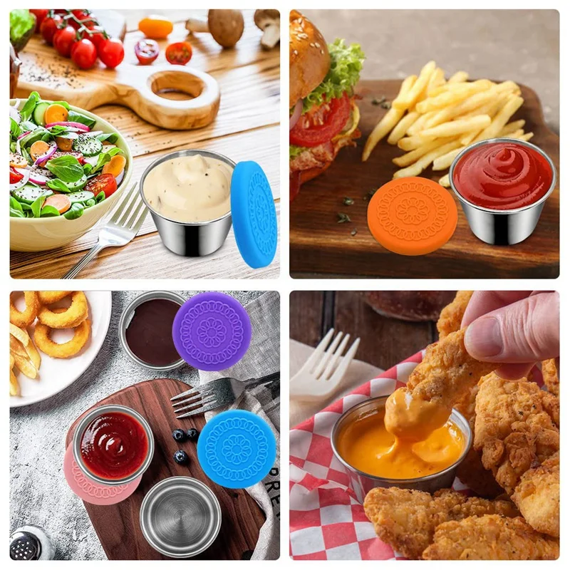 2.4Oz Small Condiment Containers, Salad Dressing Container, Stainless Steel Sauce Container With Silicone Lids