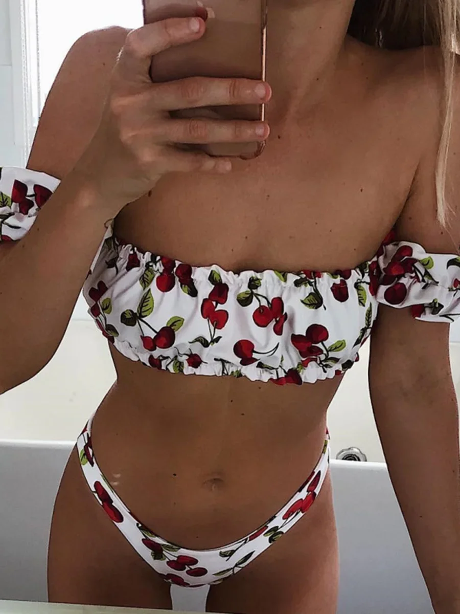 Cherry Print Off Shoulder Bikini 2024 High Cut Swimsuit Women Female Brazilian Swimwear Two pieces Bikini set Bathing Suit Swim