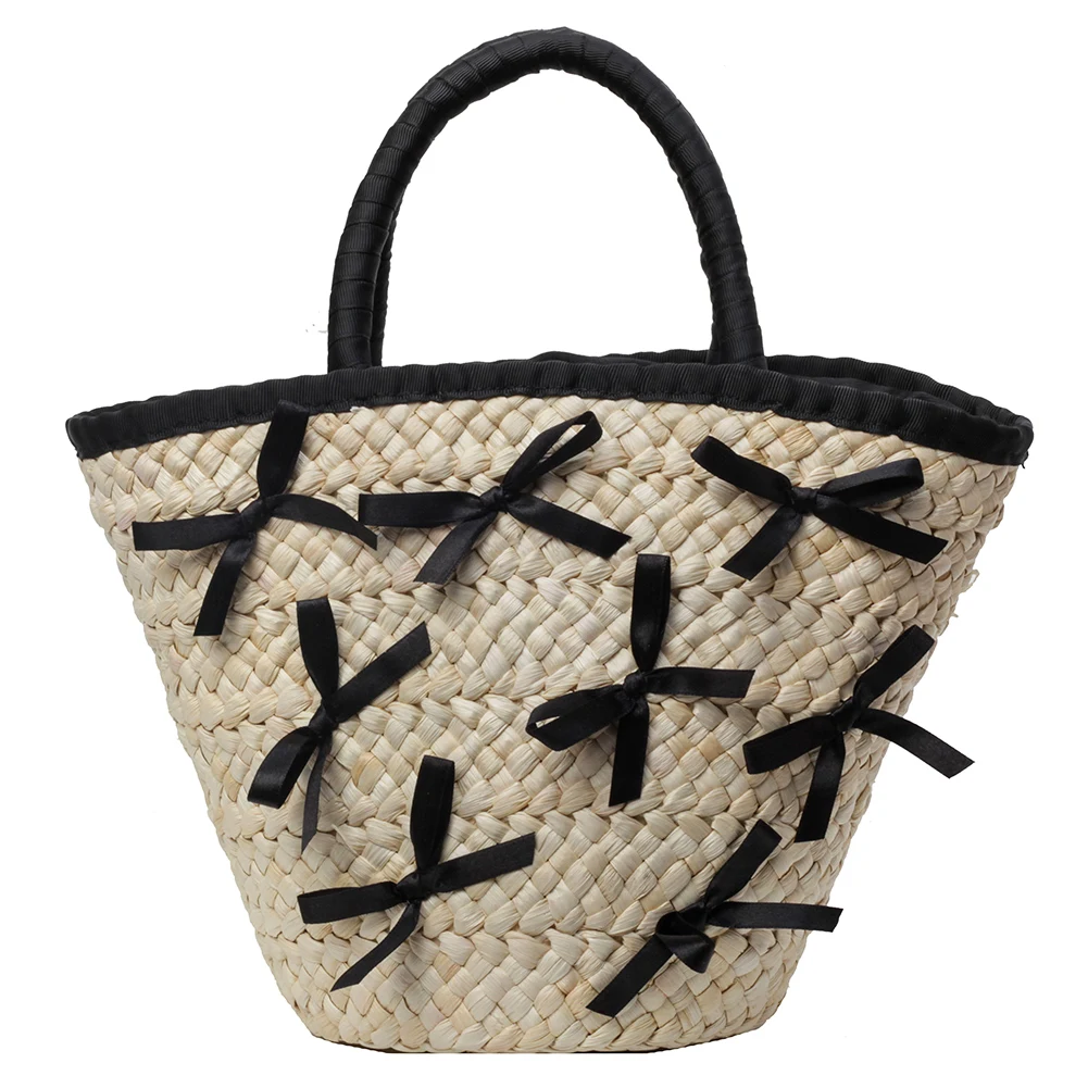 Women Woven Handbags Large Capacity Bow Woven Tote Bag Weaving Beach Bow Totes Patchwork Drawstring Closure for Outdoor Travel