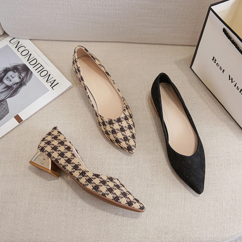 

Womens French Style Houndstooth Block Heel Pumps 2024 Spring Summer Mid High Heel Plus Size Pointed Toe All Match Shoes Fashion
